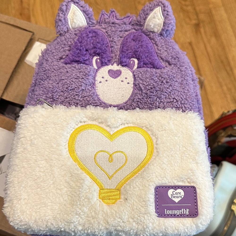 Loungefly Care Bears Bright Heart Bear Racoon Fuzzy Plush Mini Backpack Bag